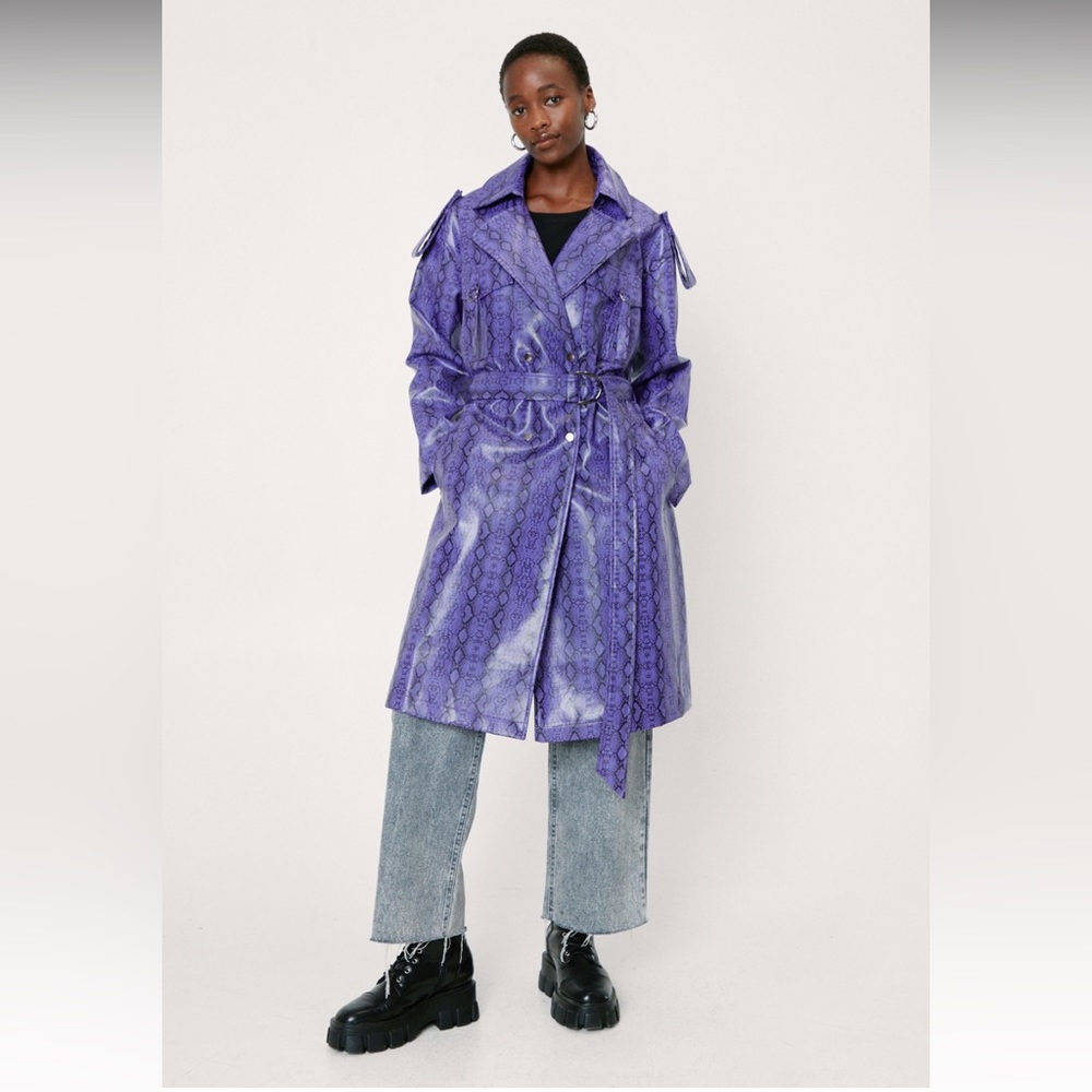 Nasty Gal Snakeskin Faux Leather Oversized Belted Trench Coat- 8